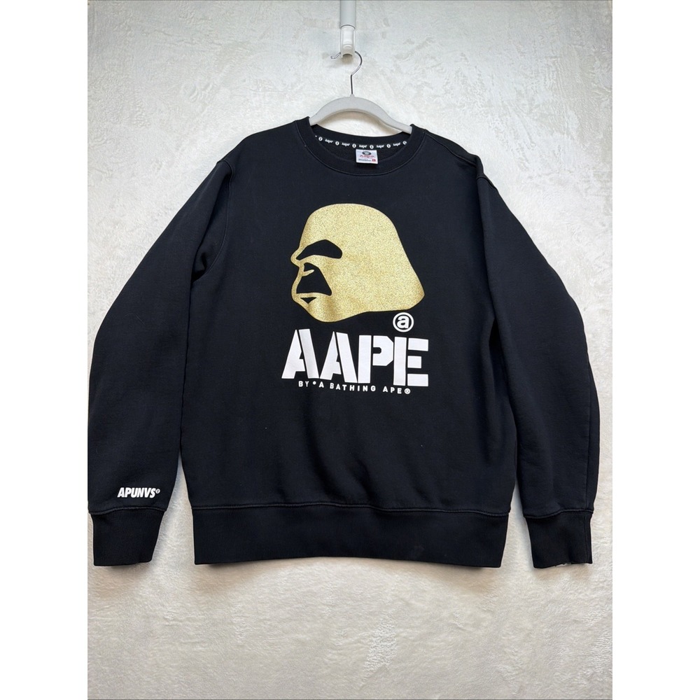 AAPE By A Bathing Ape Crewneck Sweatshirt Black Big Logo Streetwear Mens XL